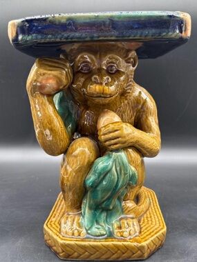 Vintage Majolica Monkey Figural Pedestal Stand